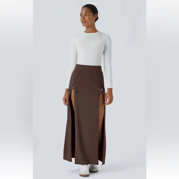 Halara Brown High Waisted Buckle 2-in-1 Maxi Skirt XL NWT - Picture 4 of 5